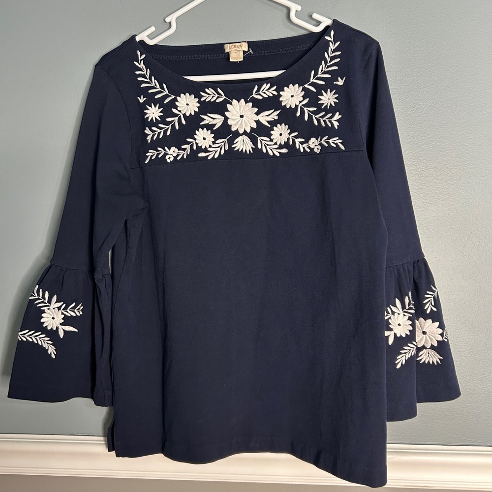 J.Crew Navy Blue Floral Embroidered Bell Sleeve shirt‎ retro boho garden Party